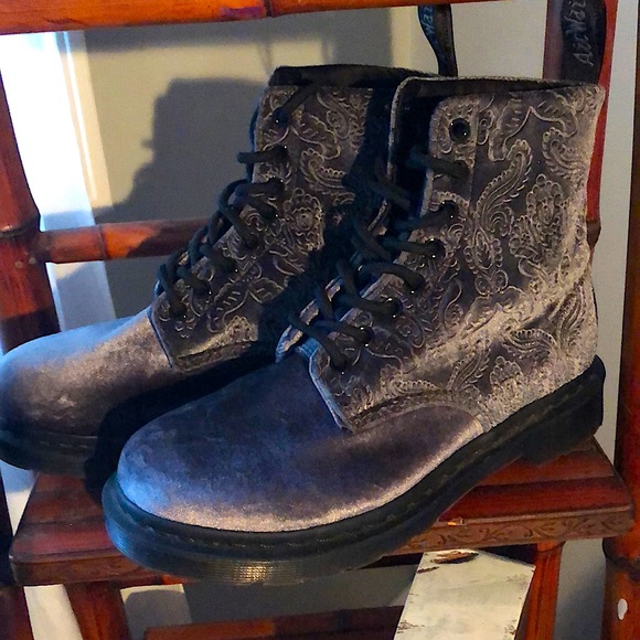 Dr. Martens Shoes - Dr. Martens Lace Up Grey Crushed Velvet Boots. Size 8.